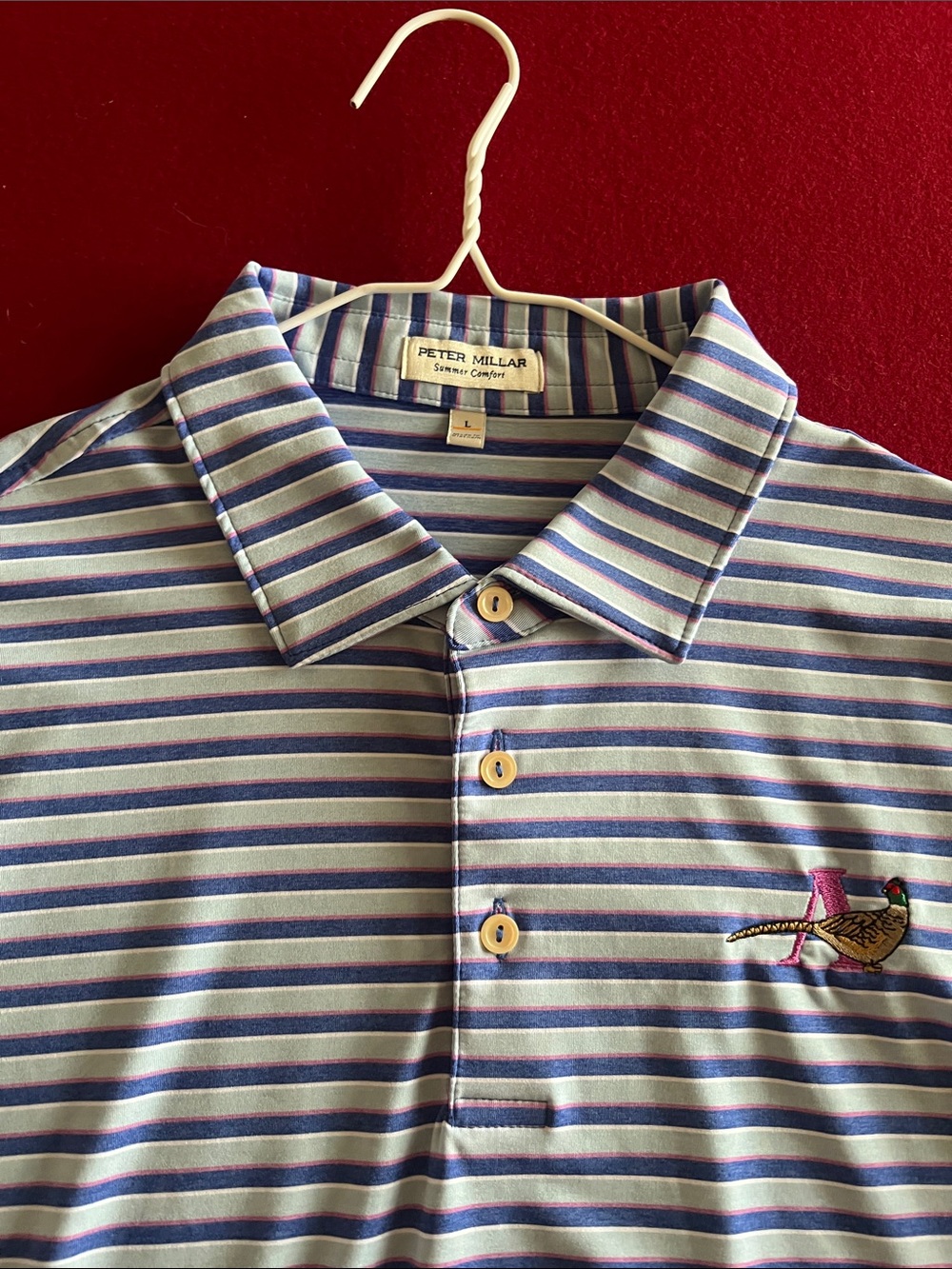 Peter Millar Striped Polo in Light Blue, White & Purple Accent
